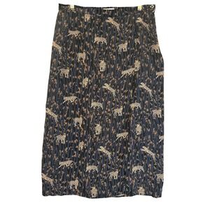 Alliance Vintage Wrap Midi Skirt Tigers Print Sz 44, US 12 Navy Brown Maximalist